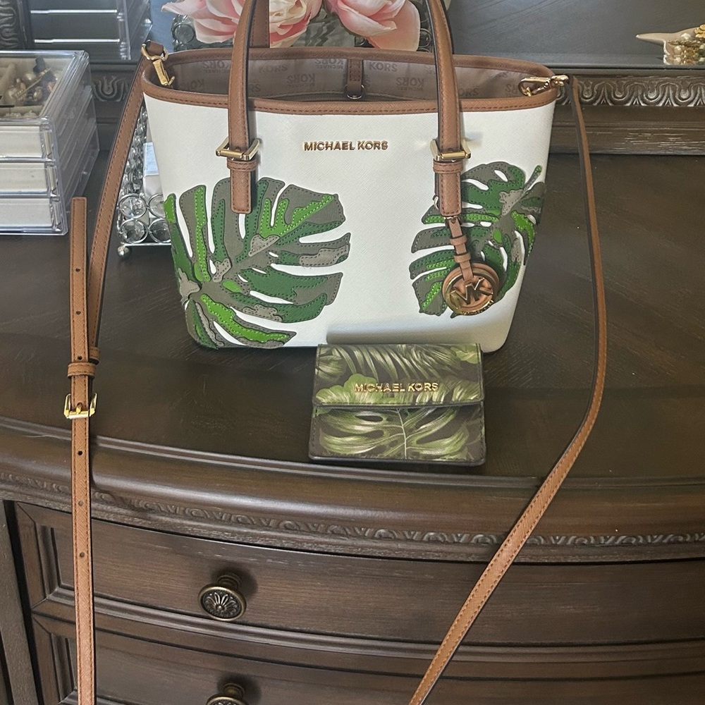 Michael Kors Tropical Leaf Tote and Matching Wallet in White and Green